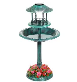 US 42" H Plastic Round Bird Bath with Solar Light & Sturdy Base for Outdoor Garden Solar Green Pedestal Fountain Birdbath (Color: Green)