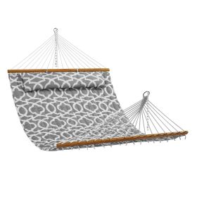 VEVOR Double Quilted Fabric Hammock, 12 FT Double Hammock with Hardwood Spreader Bars, 2 Person Quilted Hammock with Detachable Pillow and Chains for (Color: Grey White, Type of Support: Without Bracket)