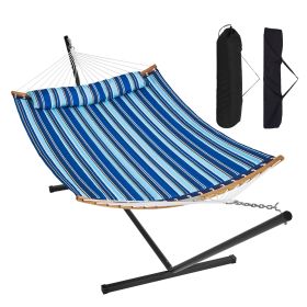 VEVOR Two Person Hammock with Stand Included, Double Hammock with Curved Spreader Bar and Detachable Pillow and Portable Carrying Bag, Perfect for Out (Color: Blue & White, Type of Support: T Type)